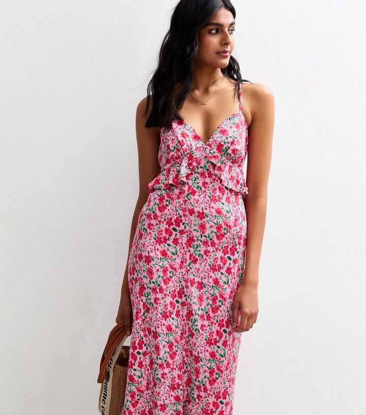 Pink Floral Print Strappy Ruffle Trim Midi Dress | New Look