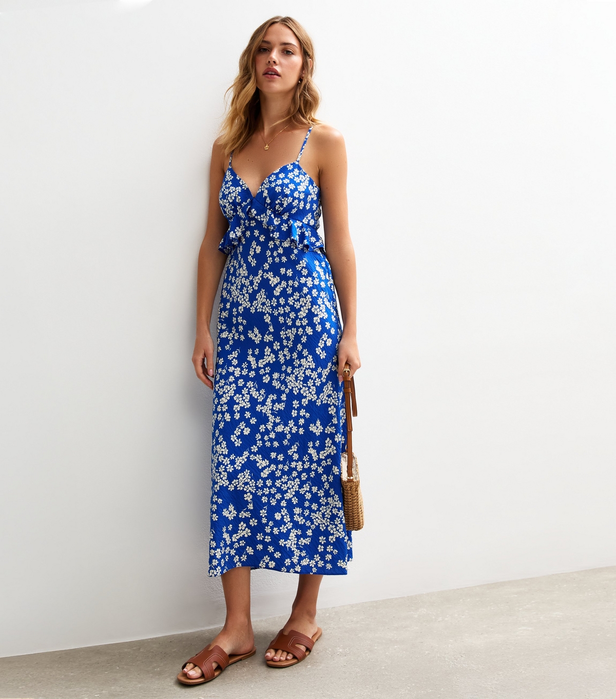 Women's Blue Floral Print Strappy Ruffle Trim Midi Dress New Look