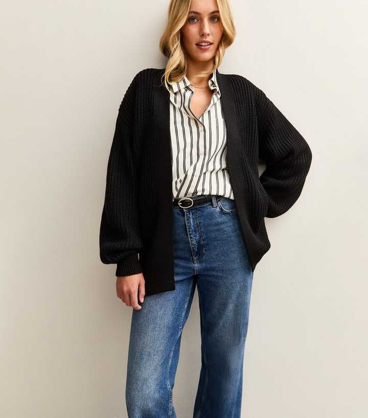 Tall Black Ribbed Knit Balloon Sleeve Long Cardigan