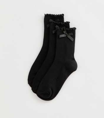 Girls Black Ribbed Bow Trim Frill Socks