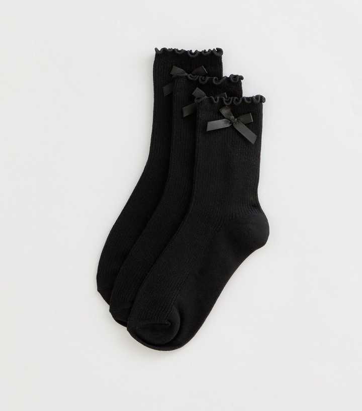Girls Pack of 3 Black Ribbed Bow Trim Frill Socks