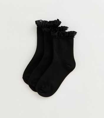 Girls Pack of 3 Black Frill Trim Cable Socks
