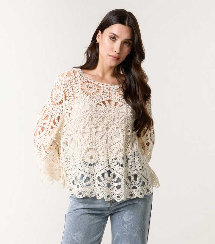 Blue Vanilla Stone Crochet Knit Flare Sleeve Top