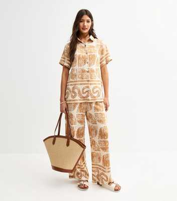 Blue Vanilla Cream Open Knit Top and Seashell Print Trousers Set