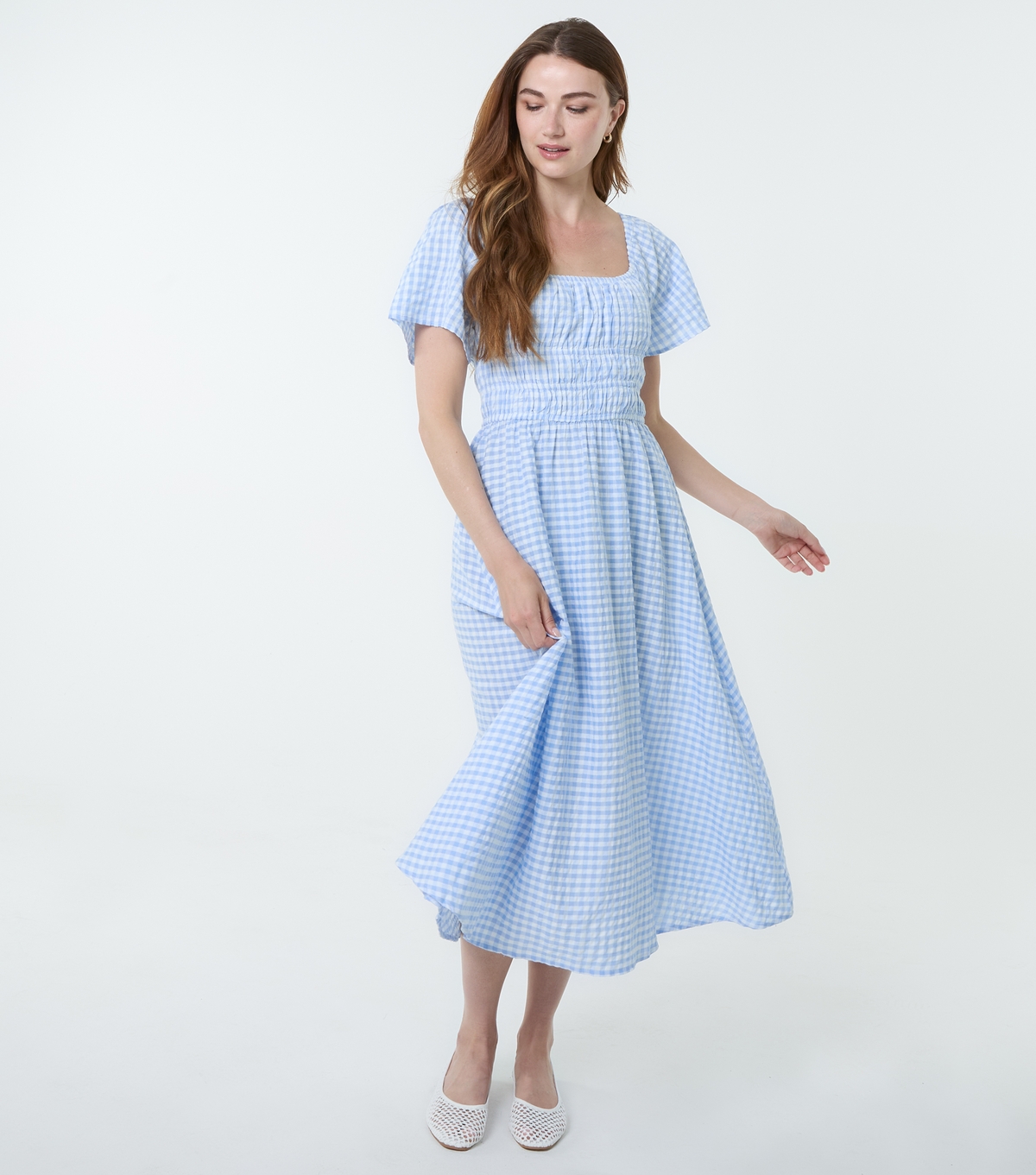 Women's Blue Checked Shirred Midi Dress Blue Vanilla New Look