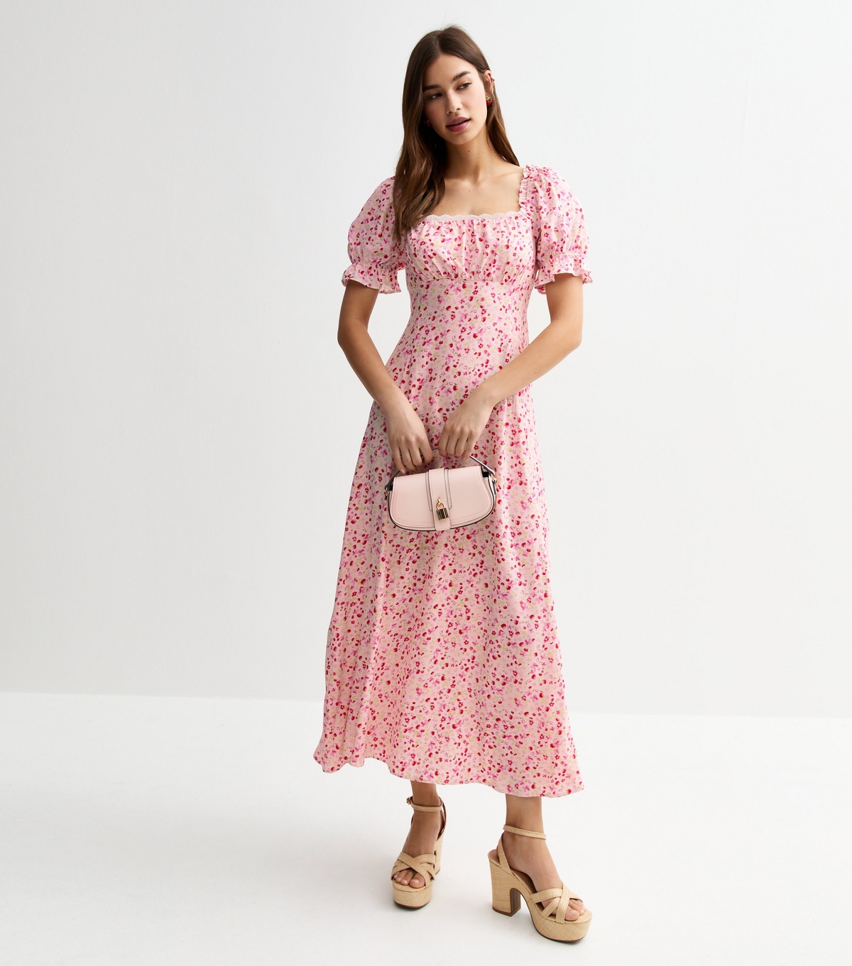 Women's Pink Floral Print Milkmaid Midi Dress New Look