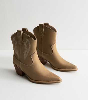 Camel Faux Suede Western Embroidered Ankle Boots
