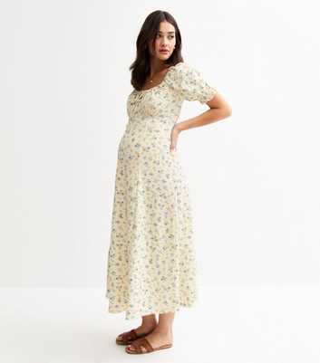 Maternity Cream Floral Print Crinkle Texture Milkmaid Midi Dress
