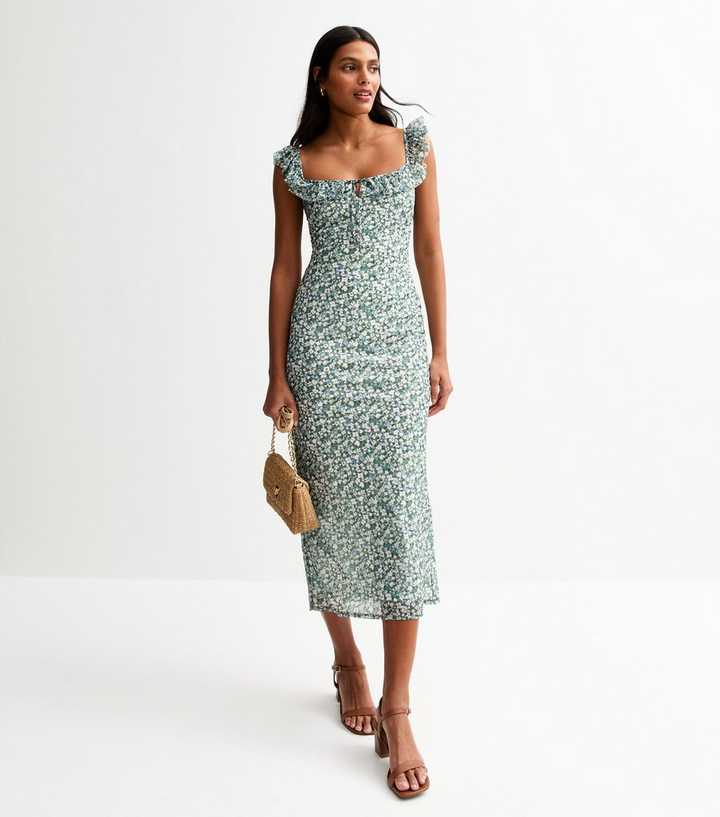 Green Ditsy Print Frill Trim Mesh Midi Dress | New Look
