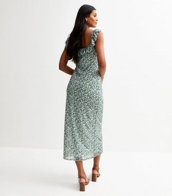 Green Ditsy Print Frill Trim Mesh Midi Dress