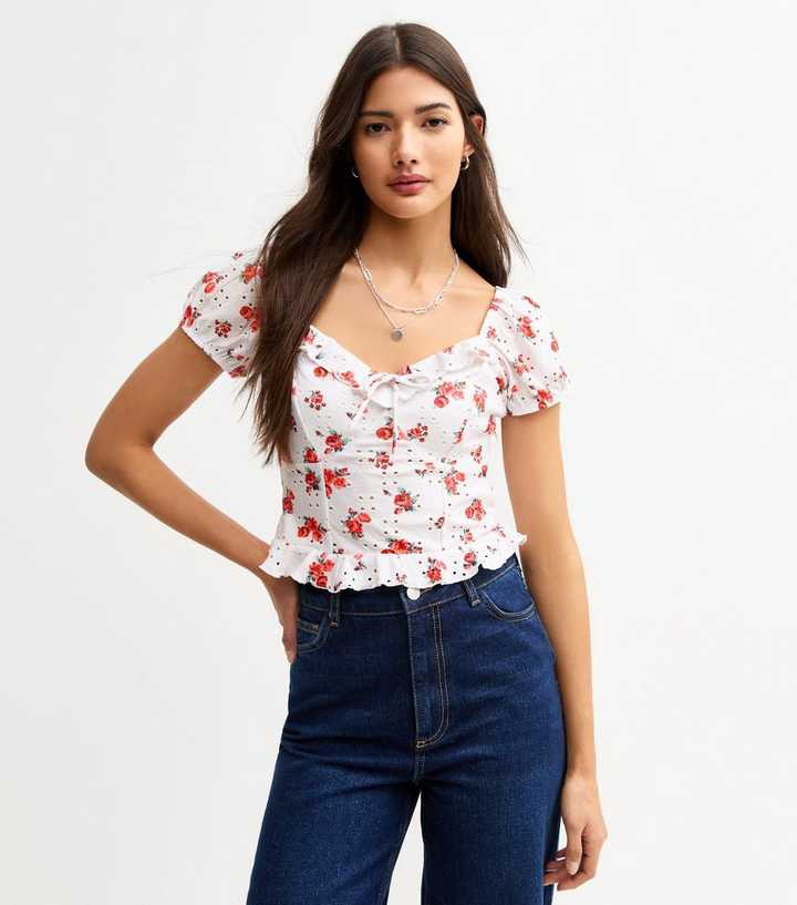 White Rose Print Broderie Anglaise Milkmaid Top