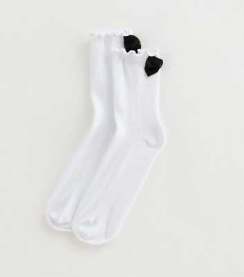 White Tuxedo Bow Lettuce Trim Socks