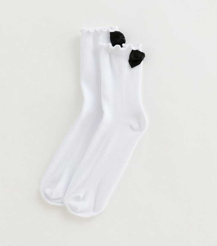 White Tuxedo Bow Lettuce Trim Socks