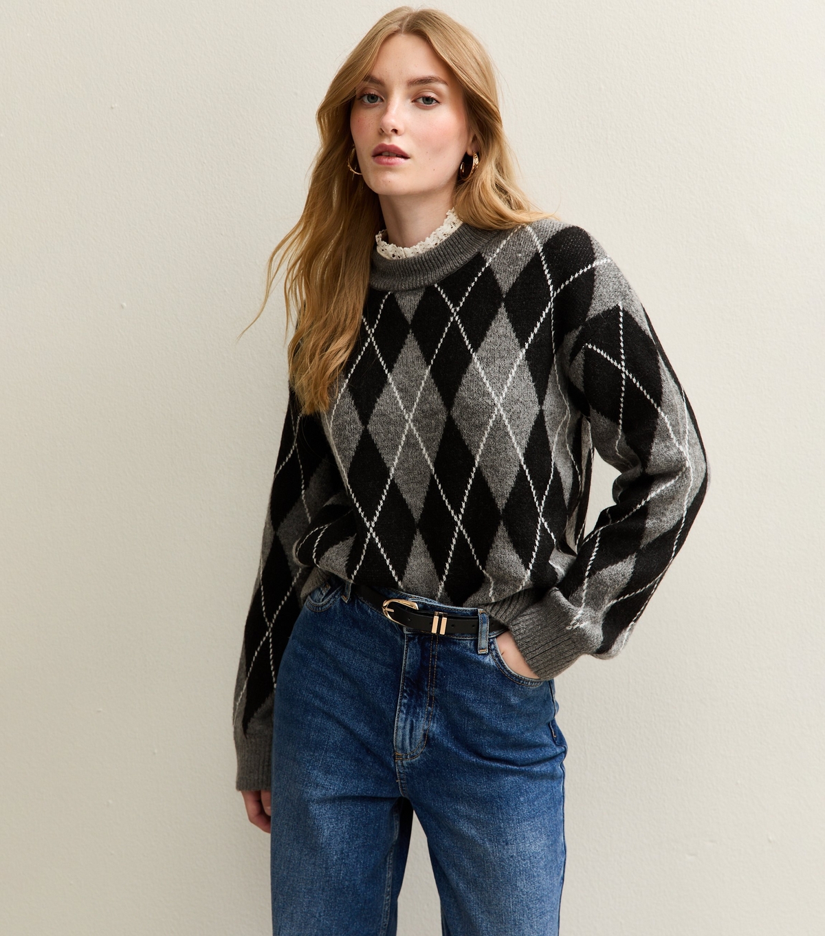 Women's Grey Argyle Crew Neck Midweight Knit Jumper New Look