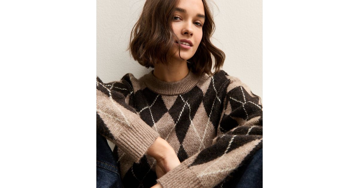 Brown Argyle Crew Neck Midweight Knit Jumper | New Look