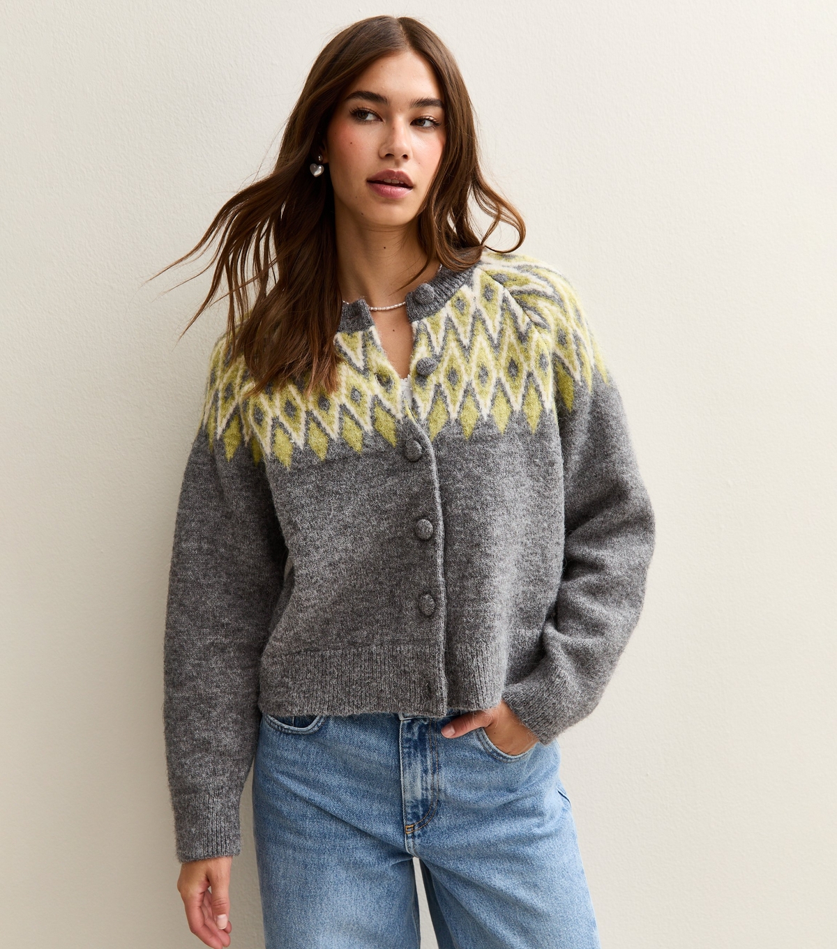 Women's Grey Fairisle Crew Neck Cardigan New Look