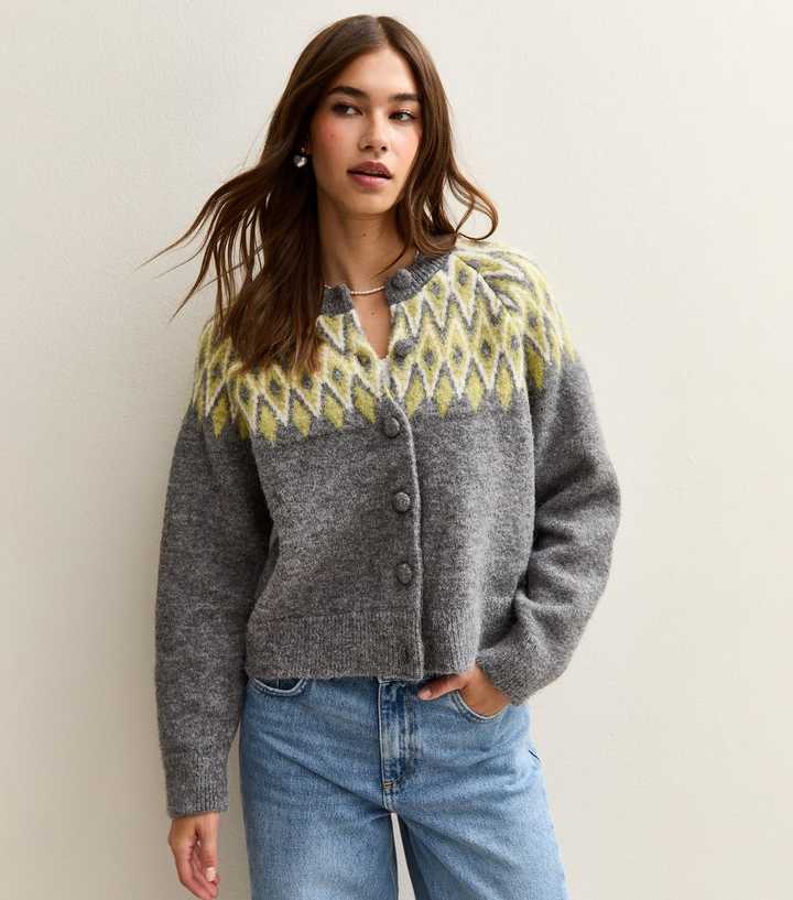 Grey Fairisle Crew Neck Cardigan