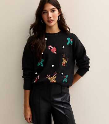 Black Christmas Sequin Appliqué Christmas Jumper