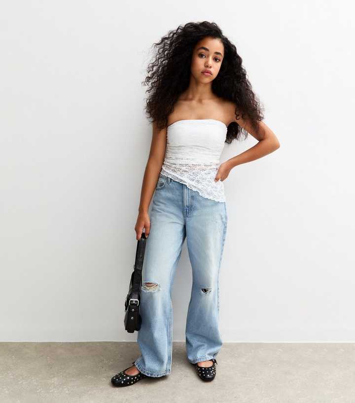 Girls Blue Ripped Knee Wide Leg Jeans