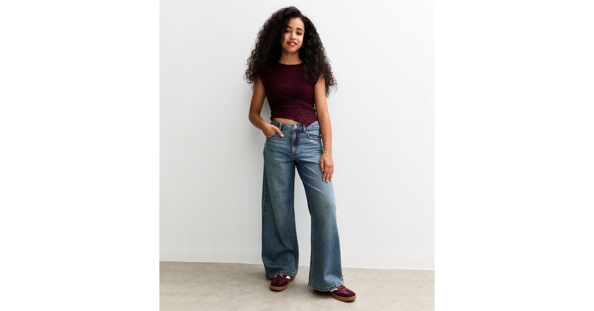 Girls Blue Low Rise Super Wide Leg Jeans | New Look