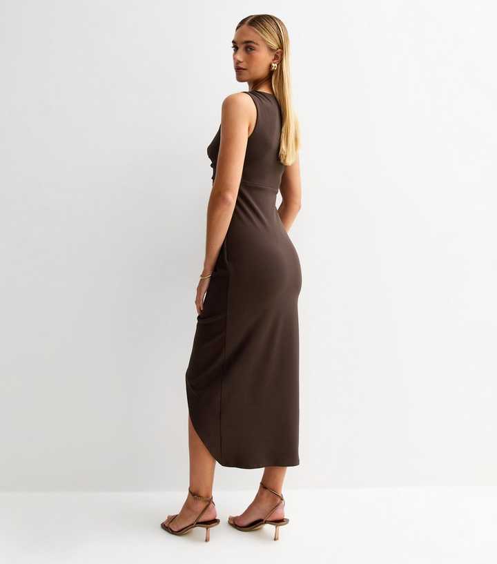 brown draped midi dress Women's Morgan Asymmetric Neck Draped Midi Dress S/M/L/XL/Customize Rustic Brown MEAN BLVD Rustic Brown / S main image 0