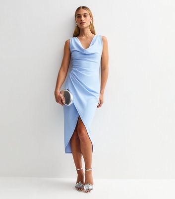 Light Blue Cowl Neck Draped Midi Dress