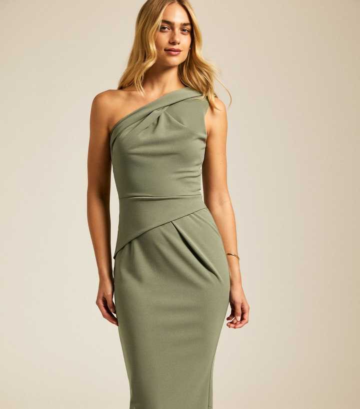 Dark Khaki One Shoulder Midi Dress
