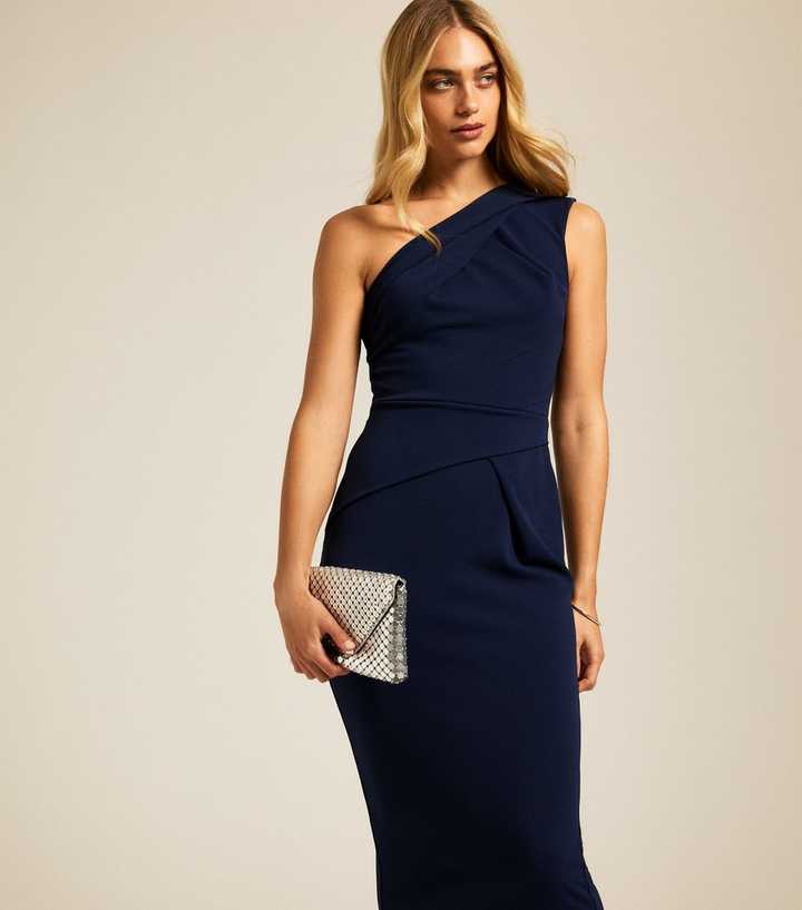 Navy One Shoulder Midi Dress