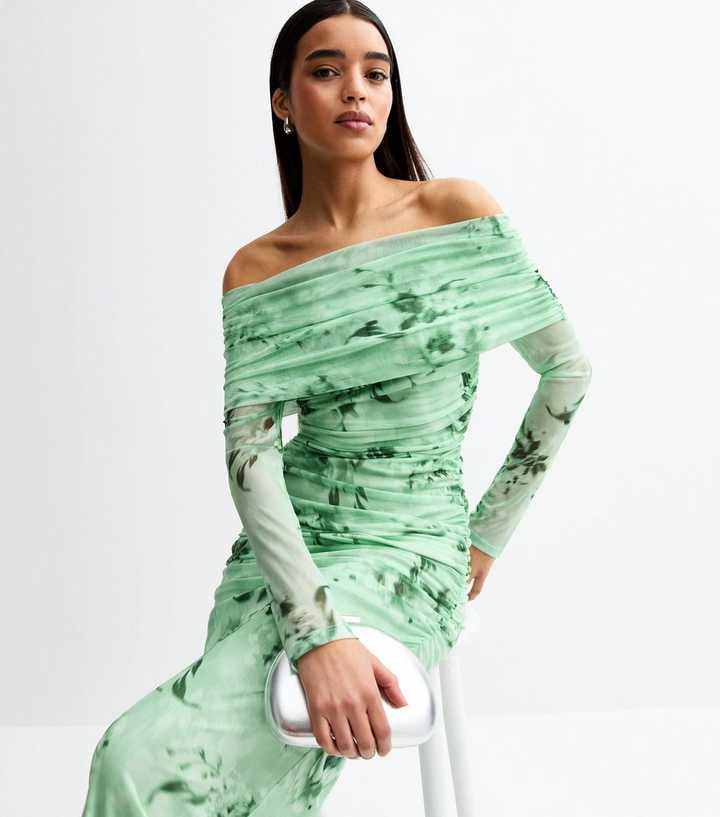 Green Floral Print Mesh Bardot Midi Dress