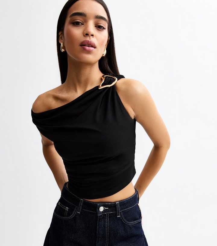Black Off Shoulder Hardware Detail Gathered Top