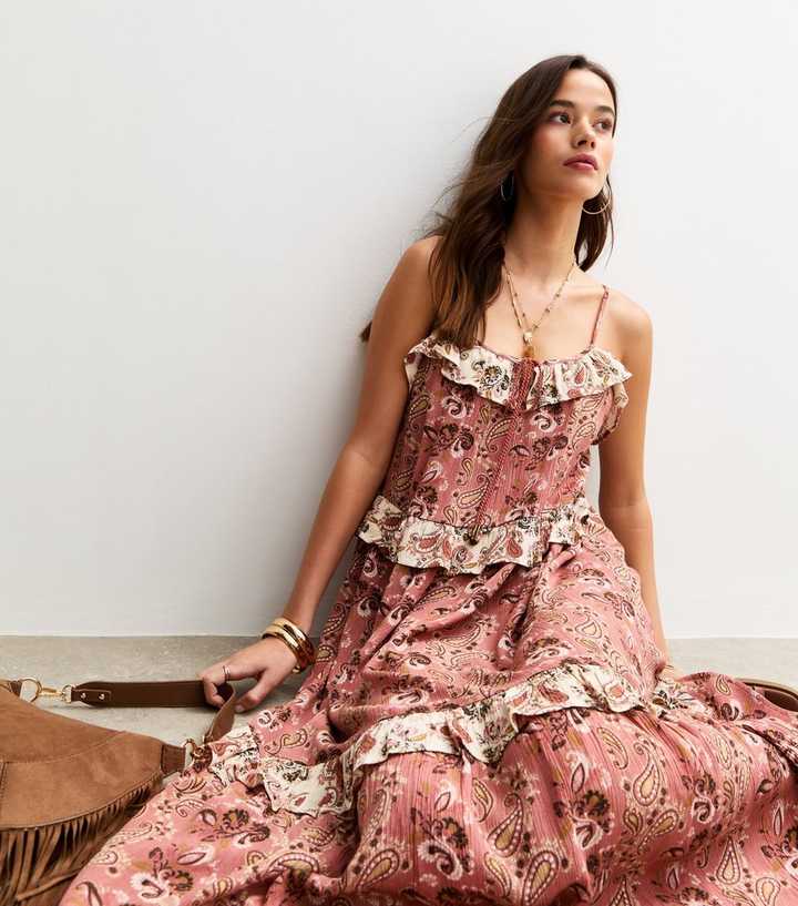 Pink Paisley Floral Print Strappy Maxi Dress