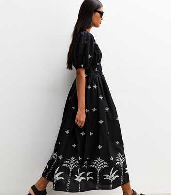 Black Palm Embroidered Midi Dress
