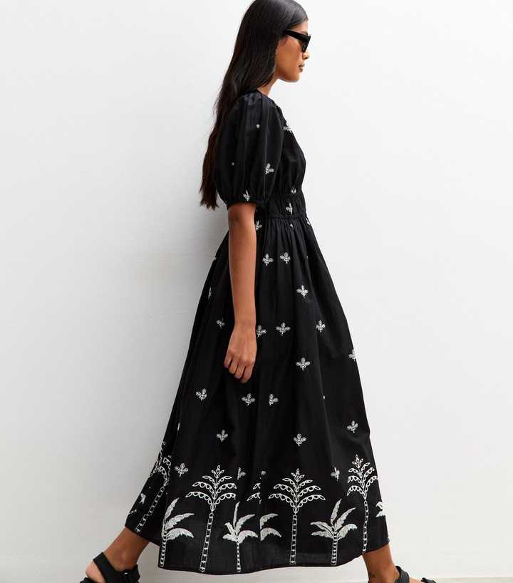 Black Palm Embroidered Midi Dress