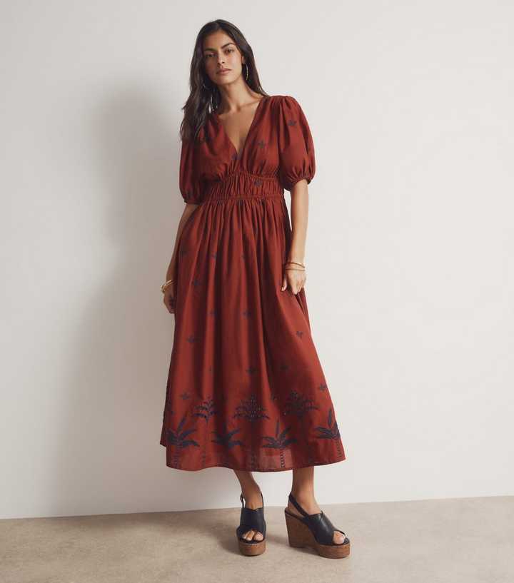 Rust Palm Embroidered Midi Dress