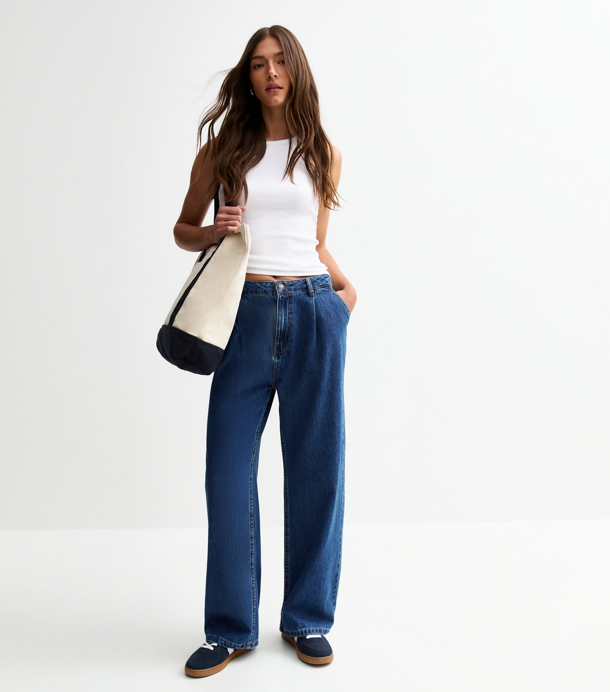 Women's Blue Pleated Wide Leg Jeans New Look