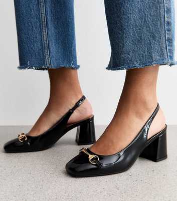 Black Faux Patent Snaffle Detail Block Heel Slingback Pumps