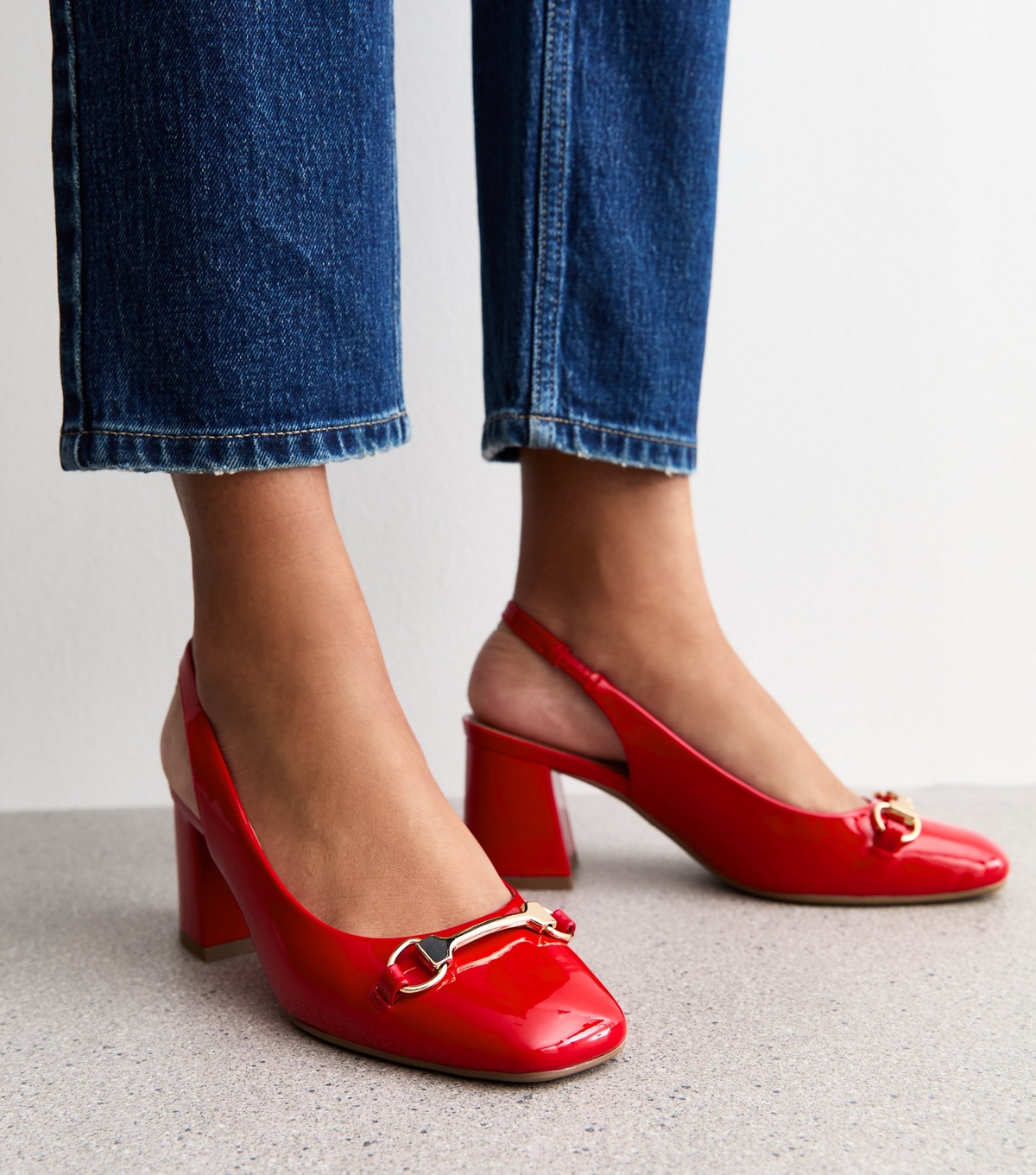 Women's Red Faux Patent Snaffle Detail Block Heel Slingback Pumps Vegan New Look