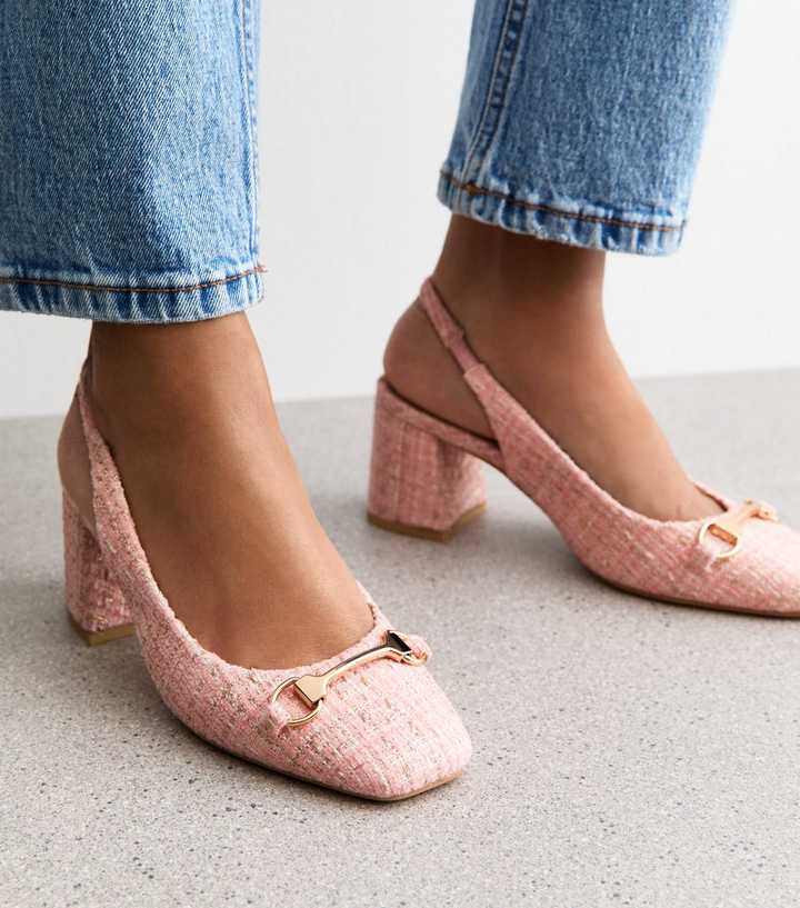 Pink Tweed Snaffle Detail Block Heel Slingback Pumps