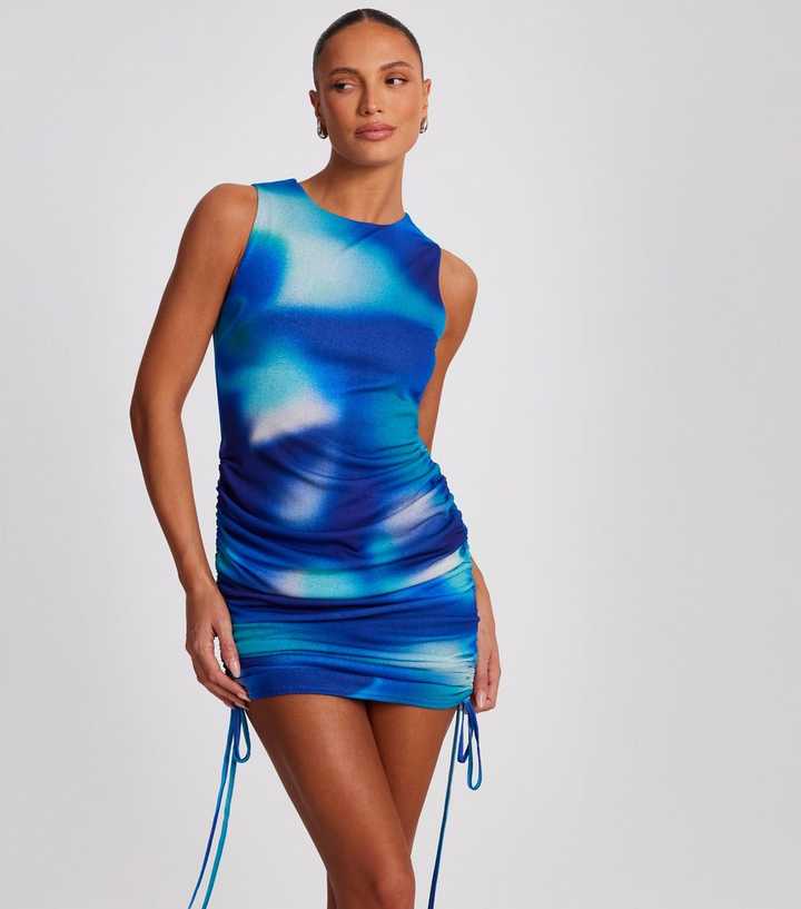 QUIZ Blue Abstract Print Ruched Tie Side Mini Dress