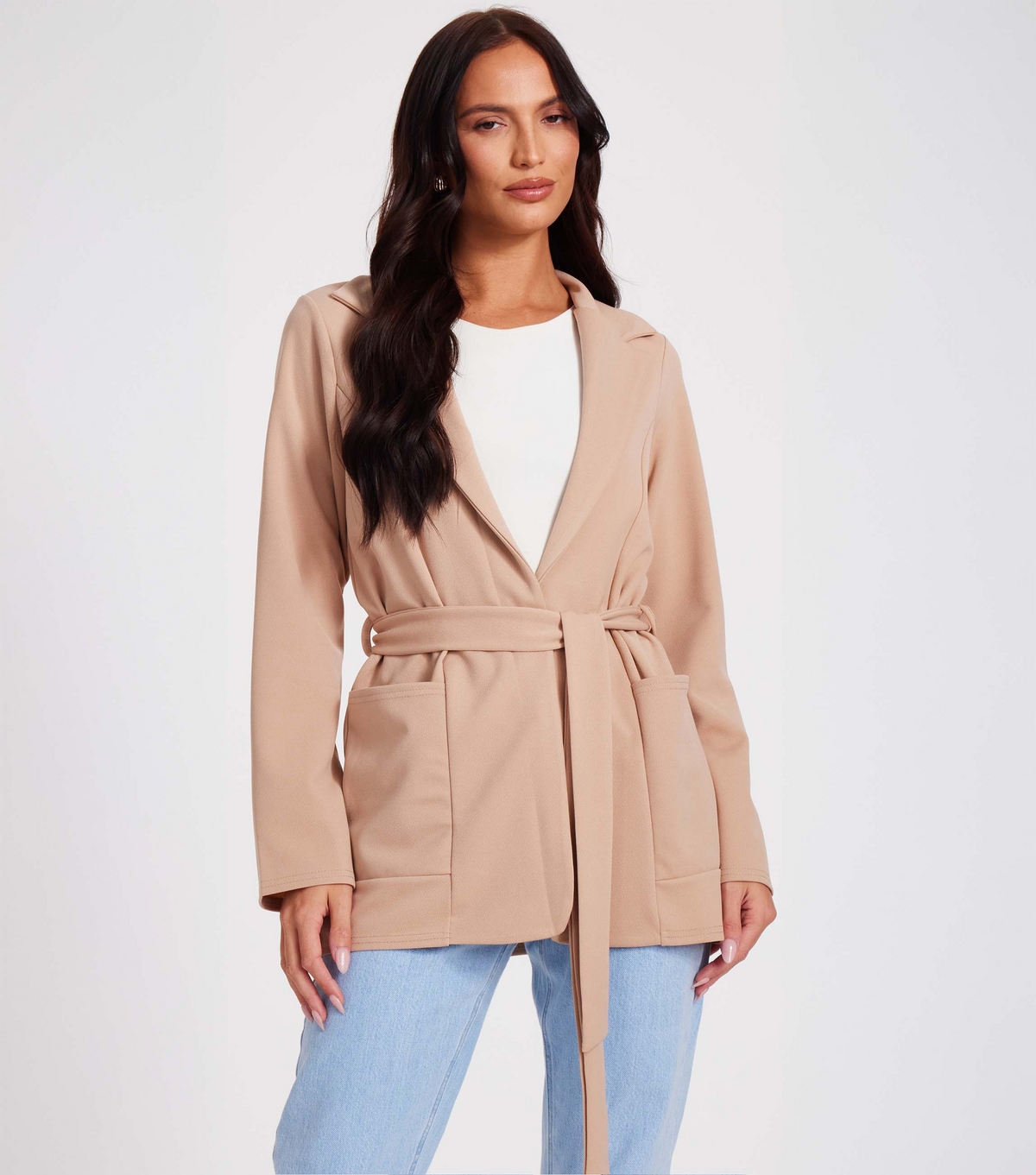 Women's Stone Belted Blazer Quiz New Look