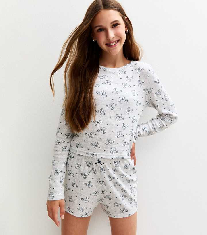 Girls Grey Teddy Illustration Pointelle Long Sleeve Top and Shorts Pyjama Set