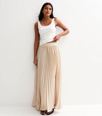 Gini London Cream Satin Pleated Maxi Skirt New Look