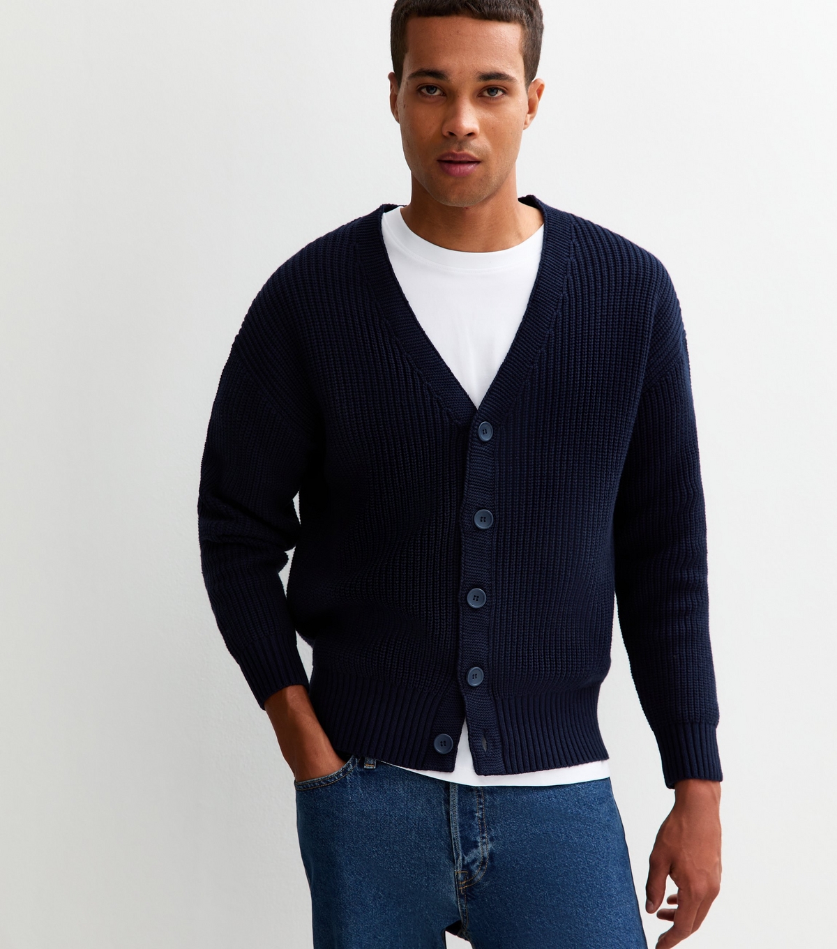 Men's Dark Blue Relaxed Fit Long Sleeve Fisherman Knit Cardigan New Look
