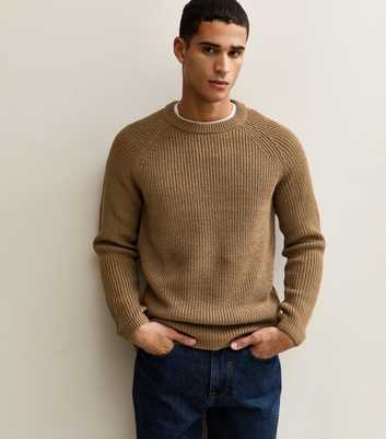 Mid Brown Regular Fisherman Knit Crew Neck Jumper