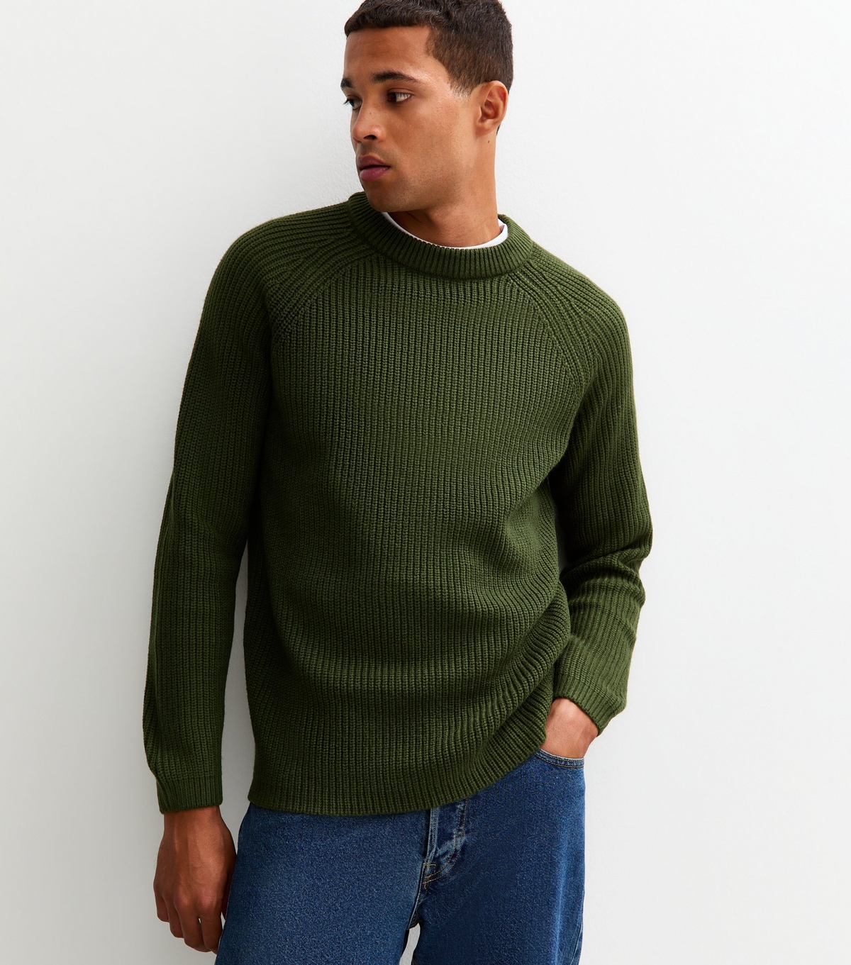 Men's Dark Green Regular Fisherman Knit Crew Neck Jumper New Look