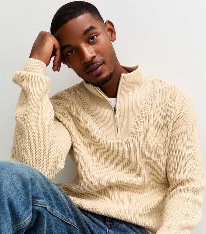 Oatmeal Regular Quarter Zip Funnel Neck Jumper
