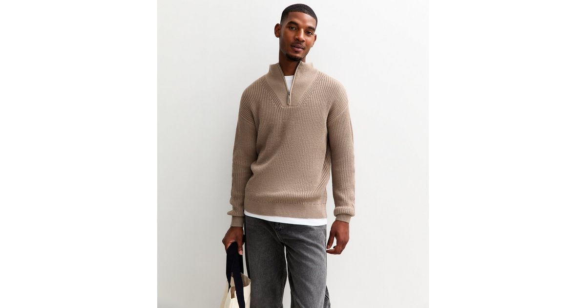 Mens Cotton Quarter Zip Funnel Jumper Birch Marl main image 1