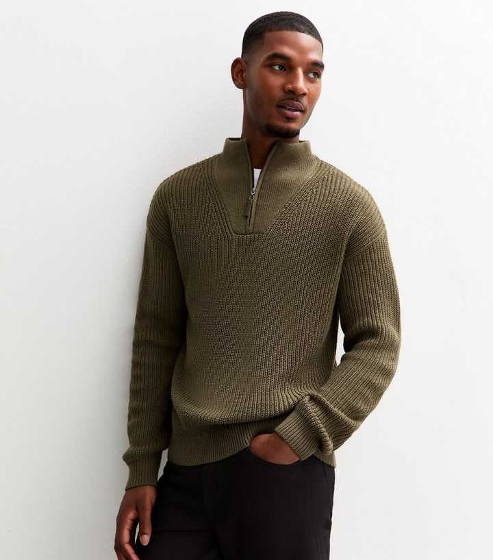 Dark Khaki Regular Quarter Zip Funnel Neck Jumper