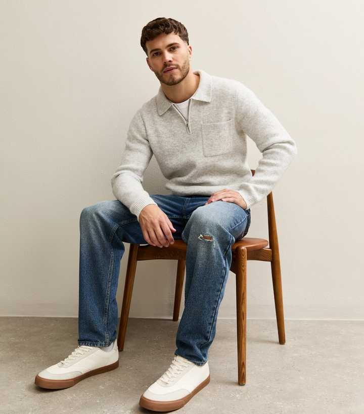 Marl Grey Regular Fit Long Sleeve Brushed Quarter Zip Polo Knit Jumper