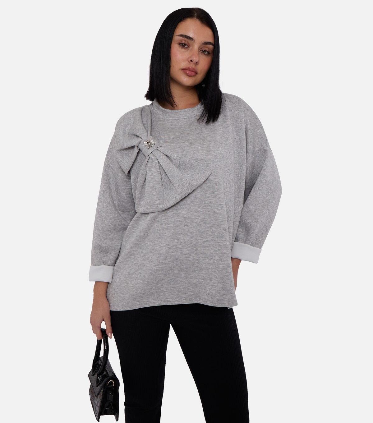 Women's Marl Grey Embellished Bow Detail Top Gini London New Look